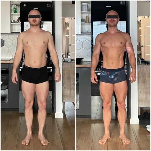 A photo of a 5'8" man showing a weight cut from 184 pounds to 166 pounds. A net loss of 18 pounds.