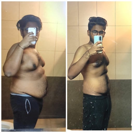 A picture of a 5'8" male showing a weight loss from 250 pounds to 165 pounds. A respectable loss of 85 pounds.