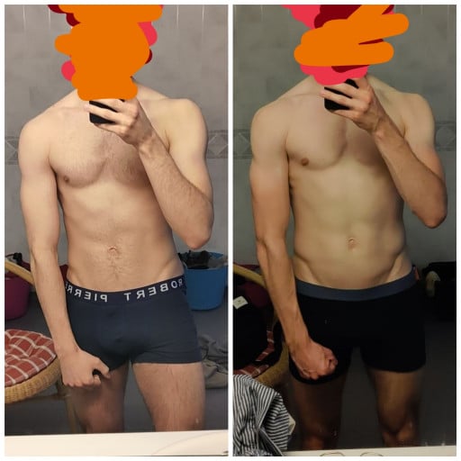 A before and after photo of a 6'0" male showing a muscle gain from 149 pounds to 152 pounds. A total gain of 3 pounds.
