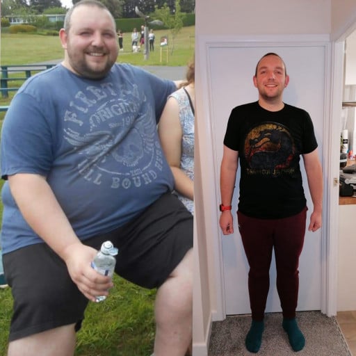 A progress pic of a 6'2" man showing a fat loss from 444 pounds to 228 pounds. A total loss of 216 pounds.