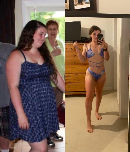 A picture of a 5'1" female showing a weight loss from 226 pounds to 123 pounds. A net loss of 103 pounds.