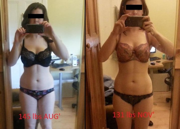 A photo of a 5'4" woman showing a weight cut from 145 pounds to 131 pounds. A net loss of 14 pounds.