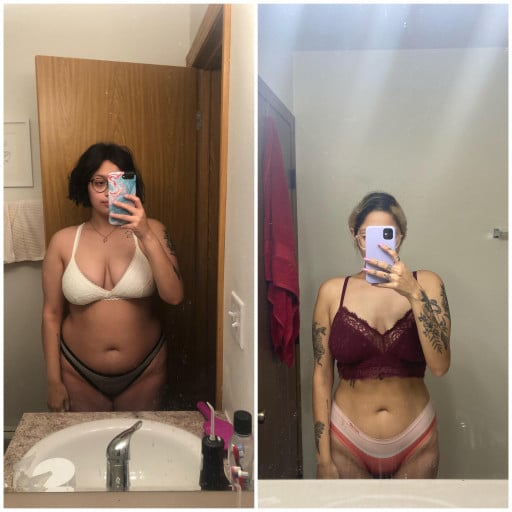 A before and after photo of a 5'5" female showing a weight reduction from 195 pounds to 148 pounds. A net loss of 47 pounds.