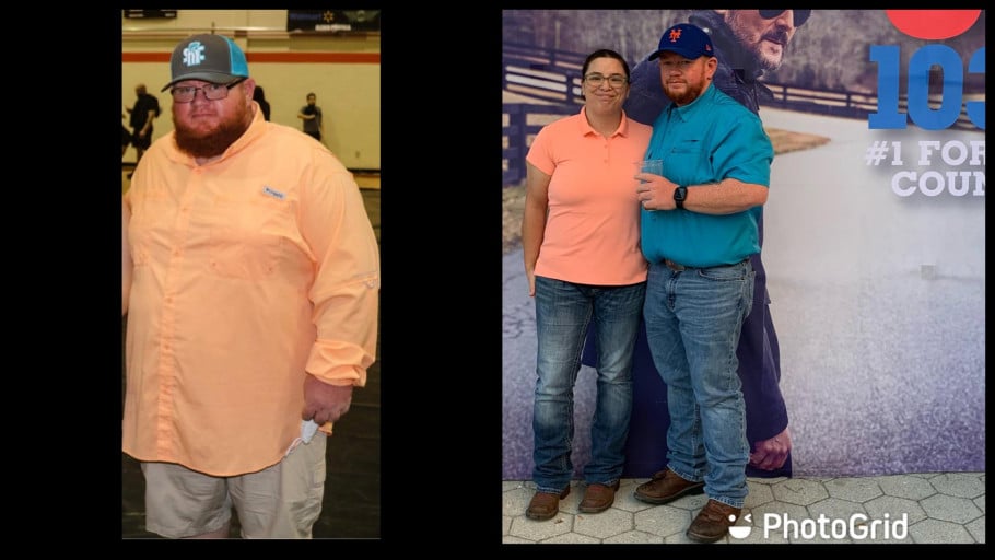 A progress pic of a 5'7" man showing a fat loss from 348 pounds to 215 pounds. A respectable loss of 133 pounds.