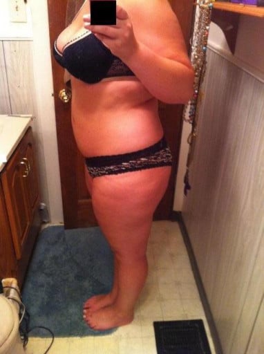 A before and after photo of a 5'8" female showing a snapshot of 212 pounds at a height of 5'8