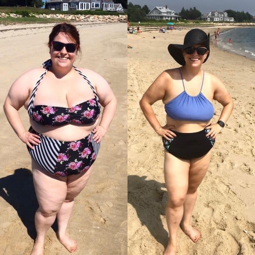 A picture of a 5'2" female showing a weight loss from 281 pounds to 171 pounds. A net loss of 110 pounds.