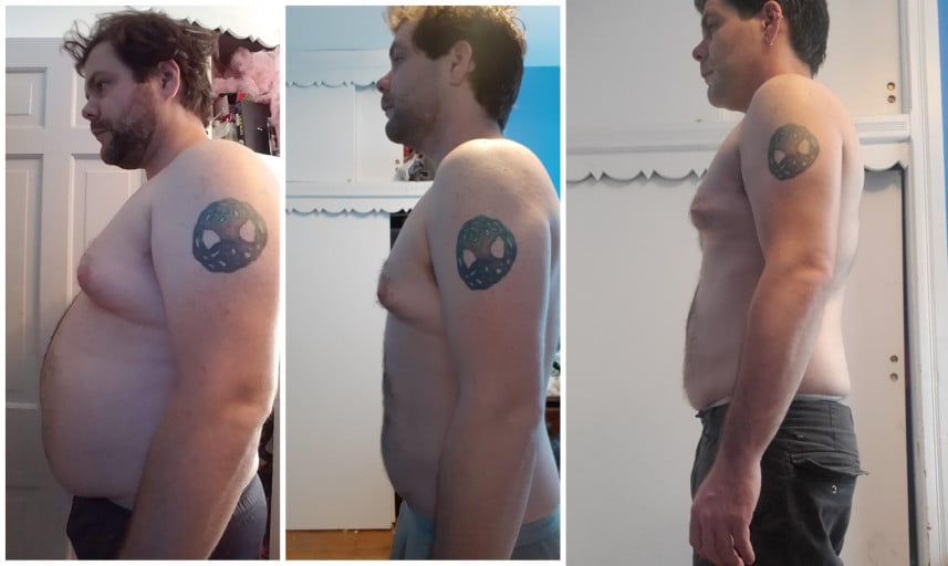 A progress pic of a 5'11" man showing a fat loss from 253 pounds to 188 pounds. A respectable loss of 65 pounds.