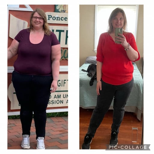 A picture of a 5'8" female showing a weight loss from 304 pounds to 199 pounds. A total loss of 105 pounds.