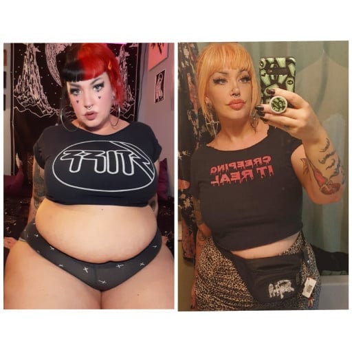 A picture of a 5'8" female showing a weight loss from 323 pounds to 235 pounds. A respectable loss of 88 pounds.