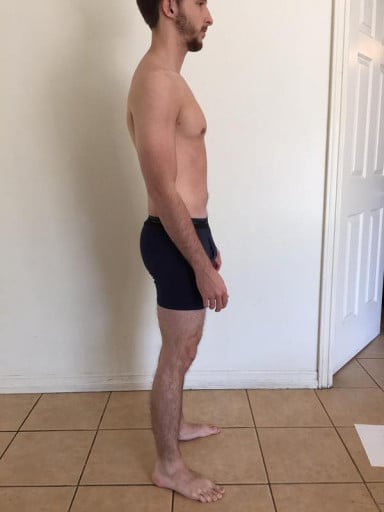 A before and after photo of a 5'7" male showing a snapshot of 149 pounds at a height of 5'7