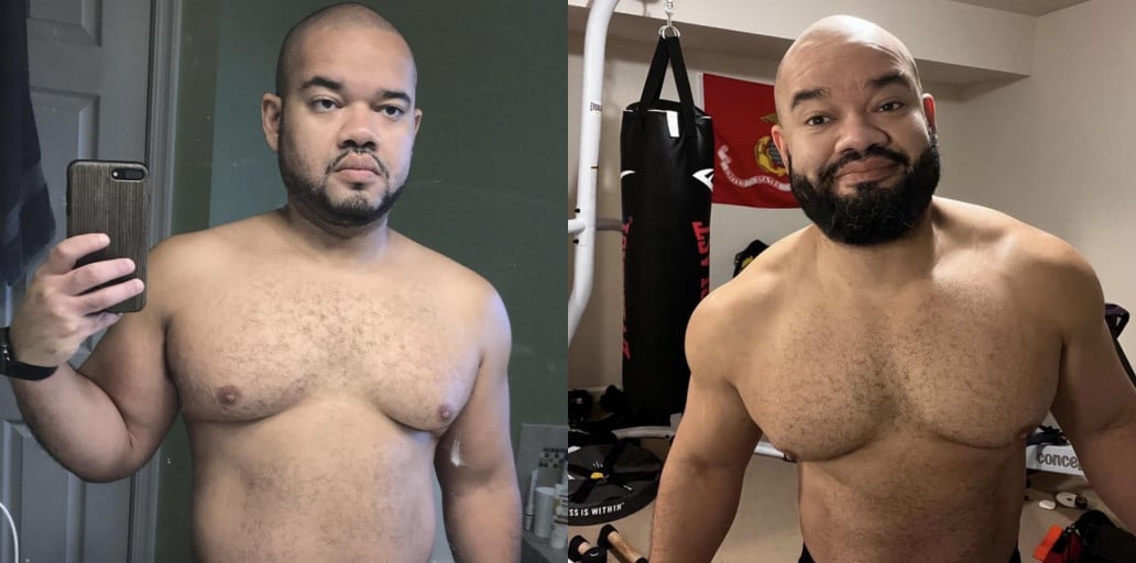 A photo of a 5'6" man showing a weight cut from 215 pounds to 190 pounds. A total loss of 25 pounds.