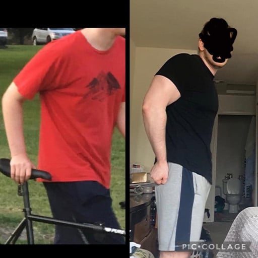A progress pic of a 6'3" man showing a weight gain from 163 pounds to 220 pounds. A respectable gain of 57 pounds.