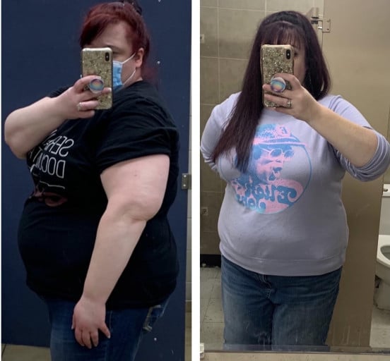 A progress pic of a 5'6" woman showing a fat loss from 326 pounds to 261 pounds. A respectable loss of 65 pounds.