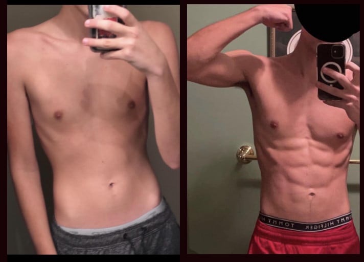 A before and after photo of a 6'4" male showing a weight gain from 145 pounds to 170 pounds. A respectable gain of 25 pounds.