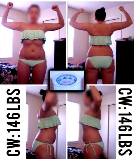 A progress pic of a 5'2" woman showing a weight cut from 172 pounds to 146 pounds. A total loss of 26 pounds.