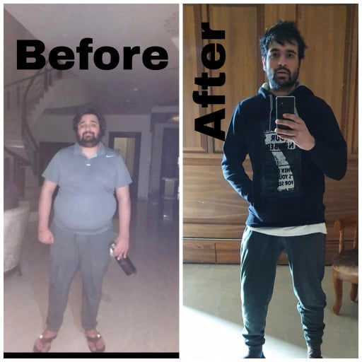A before and after photo of a 5'8" male showing a weight reduction from 264 pounds to 154 pounds. A total loss of 110 pounds.