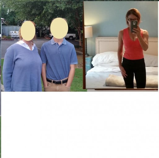 A photo of a 5'5" woman showing a weight cut from 177 pounds to 127 pounds. A net loss of 50 pounds.