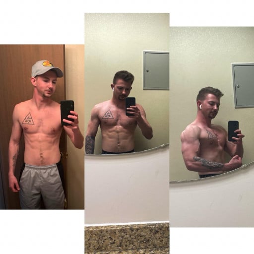 A progress pic of a 5'10" man showing a weight gain from 120 pounds to 150 pounds. A total gain of 30 pounds.