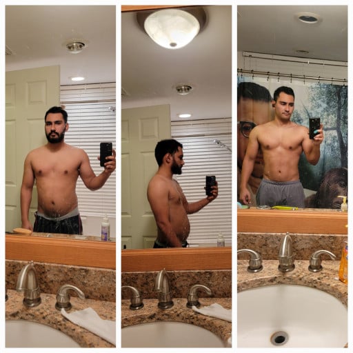A progress pic of a 5'8" man showing a fat loss from 155 pounds to 135 pounds. A net loss of 20 pounds.