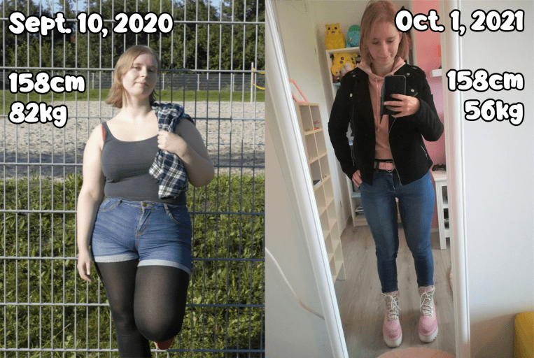 A picture of a 5'2" female showing a weight loss from 180 pounds to 123 pounds. A net loss of 57 pounds.