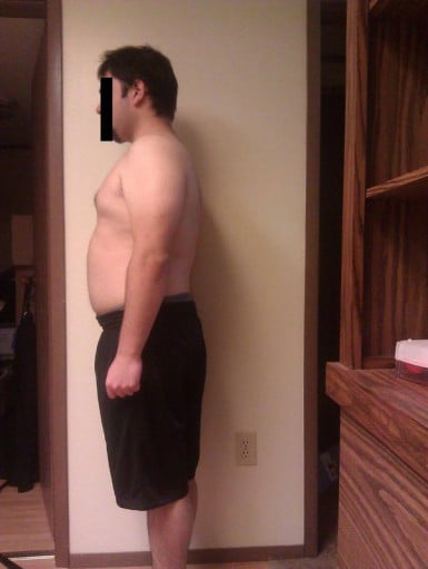 A before and after photo of a 5'9" male showing a snapshot of 232 pounds at a height of 5'9