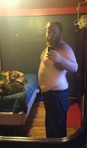 A progress pic of a 5'9" man showing a weight loss from 279 pounds to 264 pounds. A total loss of 15 pounds.