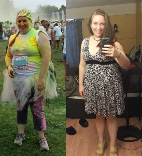 A progress pic of a 5'6" woman showing a fat loss from 250 pounds to 215 pounds. A total loss of 35 pounds.
