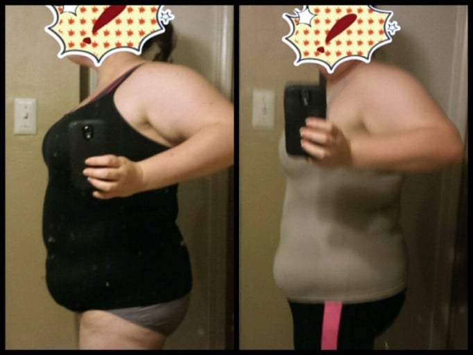 A before and after photo of a 5'8" female showing a weight reduction from 240 pounds to 233 pounds. A respectable loss of 7 pounds.