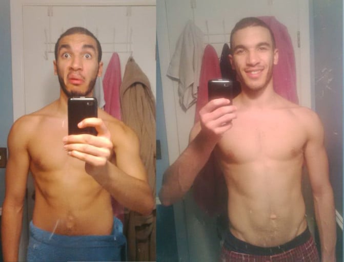 A picture of a 6'0" male showing a muscle gain from 158 pounds to 171 pounds. A respectable gain of 13 pounds.