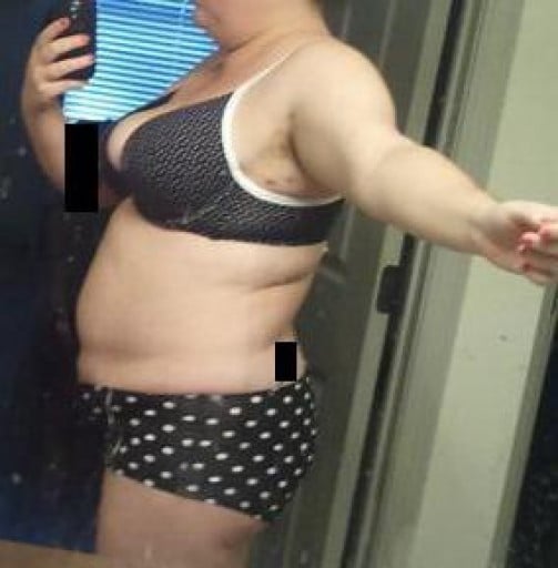 A before and after photo of a 5'6" female showing a snapshot of 212 pounds at a height of 5'6