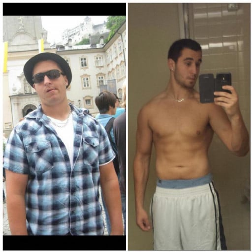 A before and after photo of a 5'11" male showing a weight cut from 255 pounds to 185 pounds. A net loss of 70 pounds.