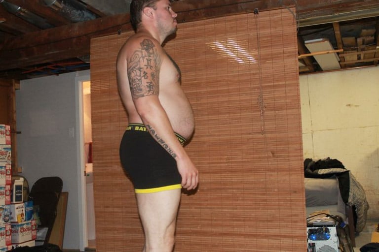 A before and after photo of a 6'0" male showing a snapshot of 230 pounds at a height of 6'0