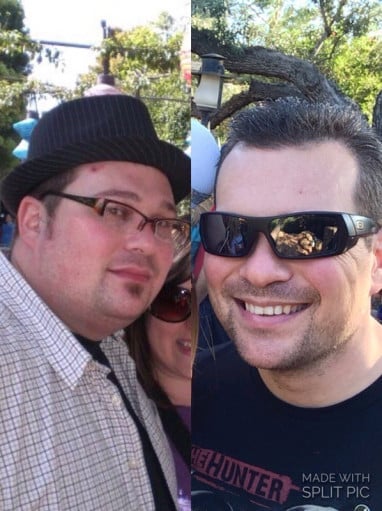 A photo of a 6'0" man showing a weight loss from 280 pounds to 210 pounds. A net loss of 70 pounds.