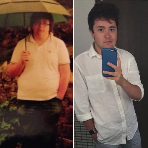 A before and after photo of a 5'10" male showing a weight loss from 235 pounds to 185 pounds. A net loss of 50 pounds.