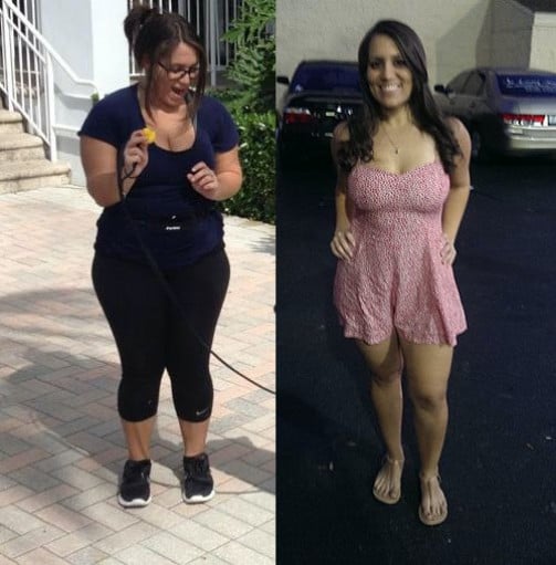 A photo of a 5'0" woman showing a weight loss from 170 pounds to 138 pounds. A net loss of 32 pounds.