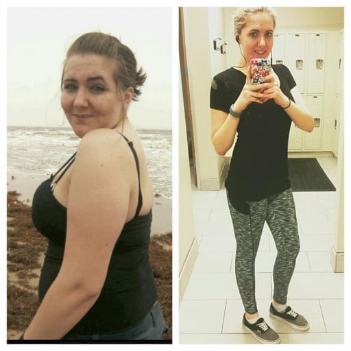 A before and after photo of a 5'8" female showing a weight reduction from 185 pounds to 140 pounds. A net loss of 45 pounds.