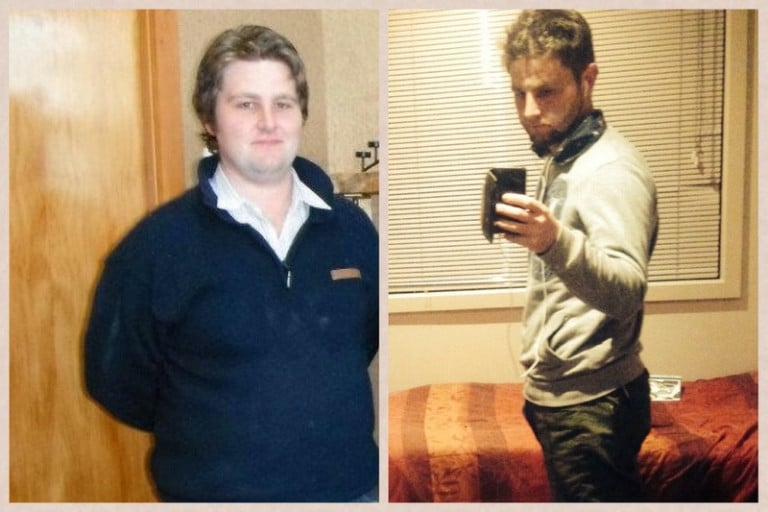 A before and after photo of a 5'9" male showing a weight reduction from 238 pounds to 160 pounds. A net loss of 78 pounds.