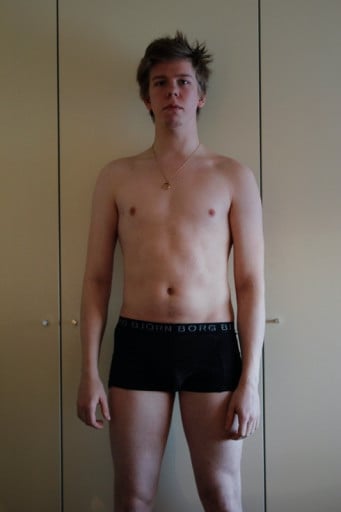 A before and after photo of a 5'10" male showing a weight gain from 154 pounds to 182 pounds. A net gain of 28 pounds.