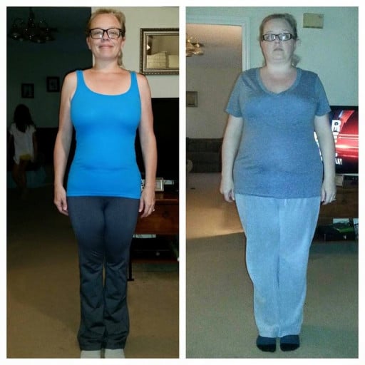 A progress pic of a 5'5" woman showing a fat loss from 232 pounds to 149 pounds. A net loss of 83 pounds.