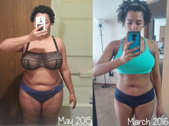 A picture of a 5'5" female showing a weight reduction from 217 pounds to 146 pounds. A net loss of 71 pounds.