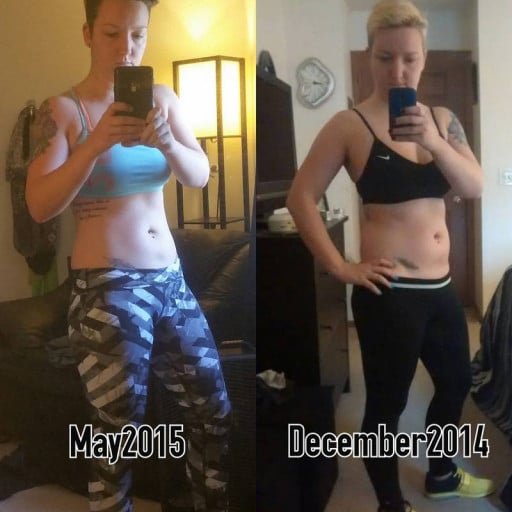 A photo of a 5'4" woman showing a weight cut from 140 pounds to 135 pounds. A total loss of 5 pounds.