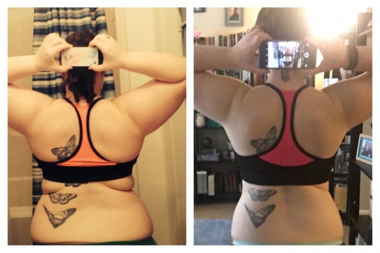 A before and after photo of a 4'11" female showing a weight loss from 205 pounds to 152 pounds. A net loss of 53 pounds.