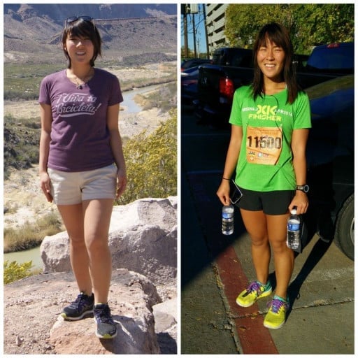 A before and after photo of a 5'3" female showing a weight reduction from 130 pounds to 120 pounds. A net loss of 10 pounds.