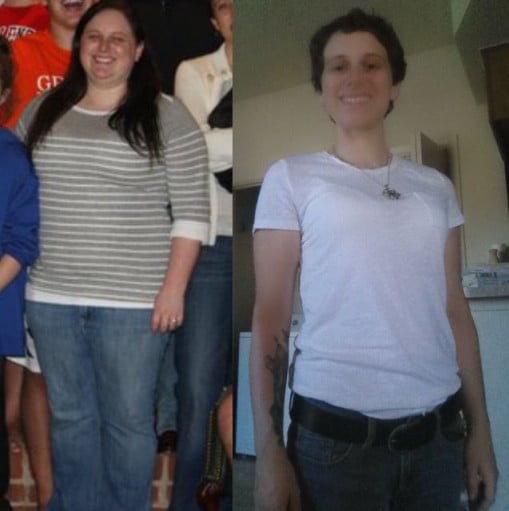 A progress pic of a 5'2" woman showing a fat loss from 240 pounds to 120 pounds. A net loss of 120 pounds.