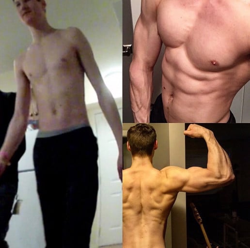 A before and after photo of a 6'4" male showing a muscle gain from 155 pounds to 205 pounds. A net gain of 50 pounds.