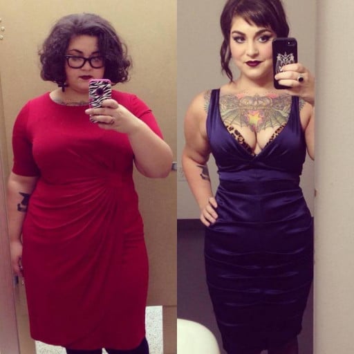 A before and after photo of a 5'4" female showing a weight reduction from 244 pounds to 144 pounds. A net loss of 100 pounds.