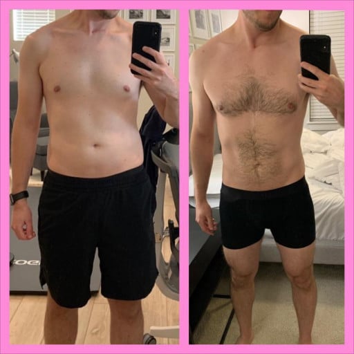 A progress pic of a 5'10" man showing a weight bulk from 170 pounds to 175 pounds. A total gain of 5 pounds.