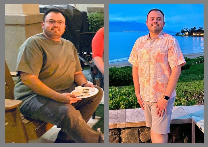 A before and after photo of a 5'10" male showing a weight reduction from 280 pounds to 235 pounds. A respectable loss of 45 pounds.