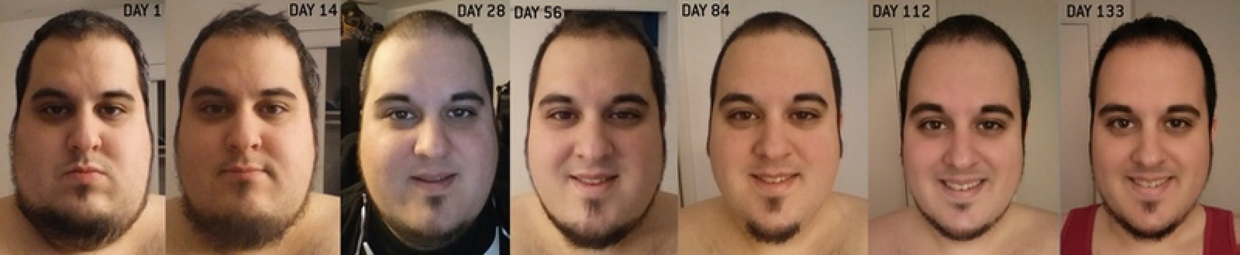 A picture of a 5'11" male showing a weight cut from 280 pounds to 210 pounds. A respectable loss of 70 pounds.