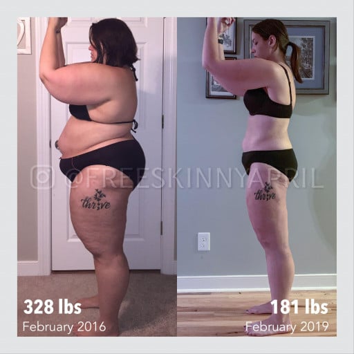 A photo of a 5'7" woman showing a weight cut from 328 pounds to 181 pounds. A respectable loss of 147 pounds.